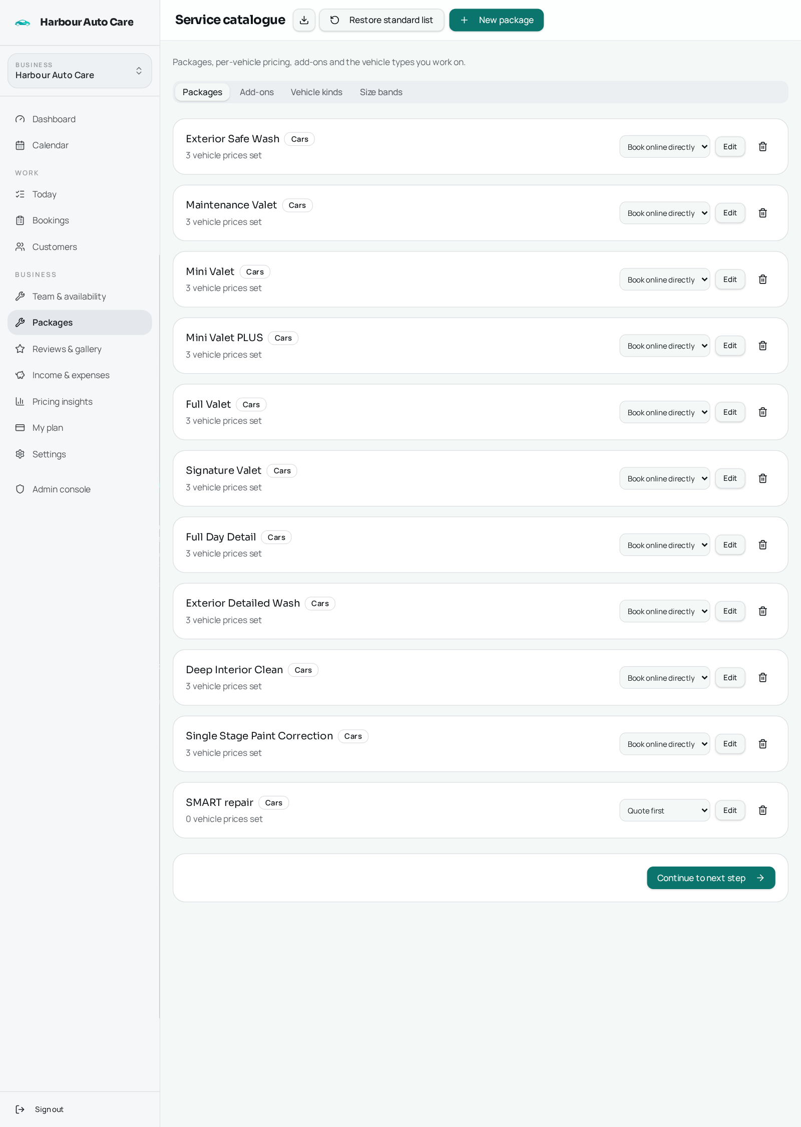 Current AutoLocalOS service catalogue for the fictional Harbour Auto Care account