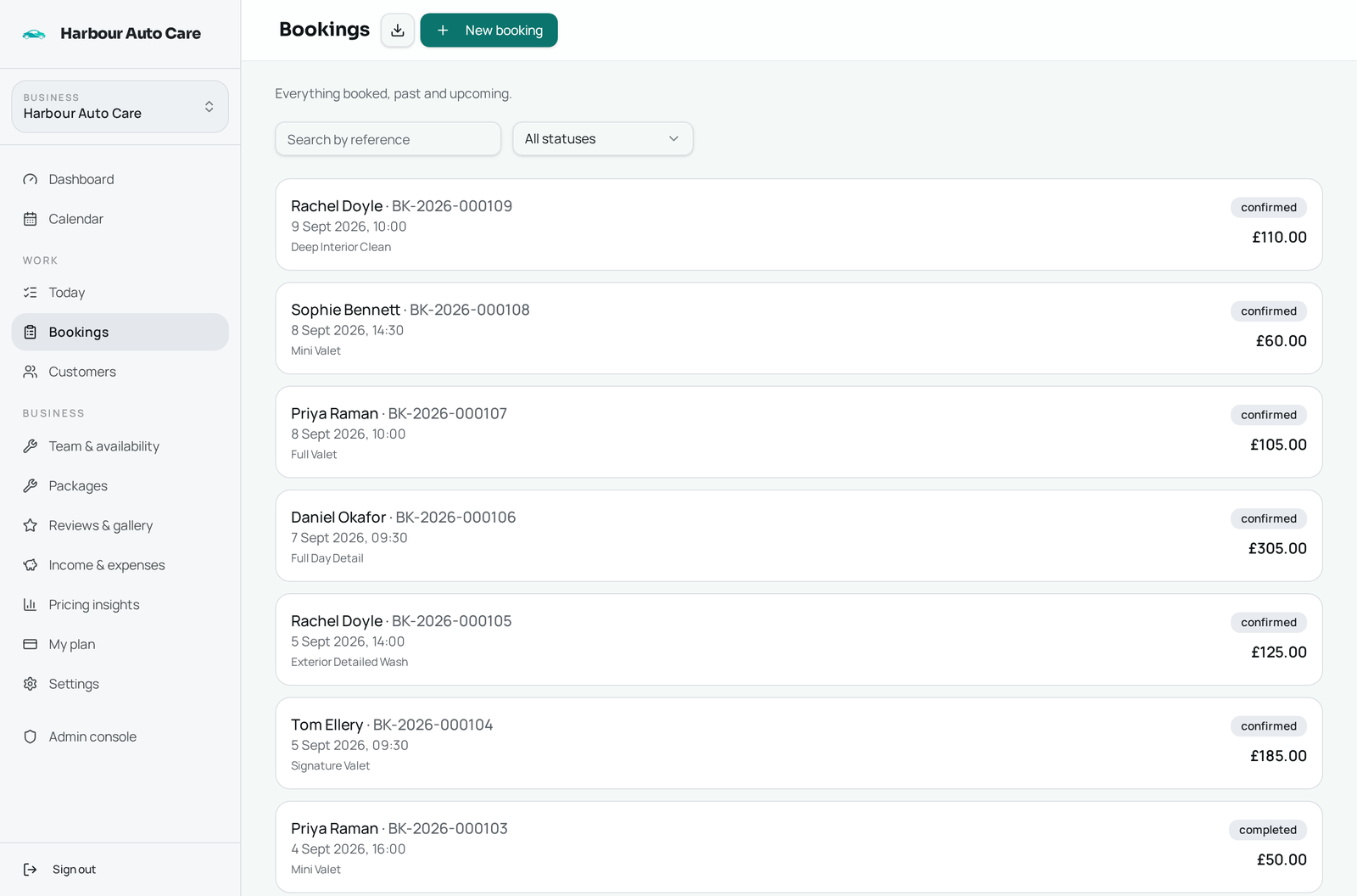 Current AutoLocalOS jobs screen for the fictional Harbour Auto Care account